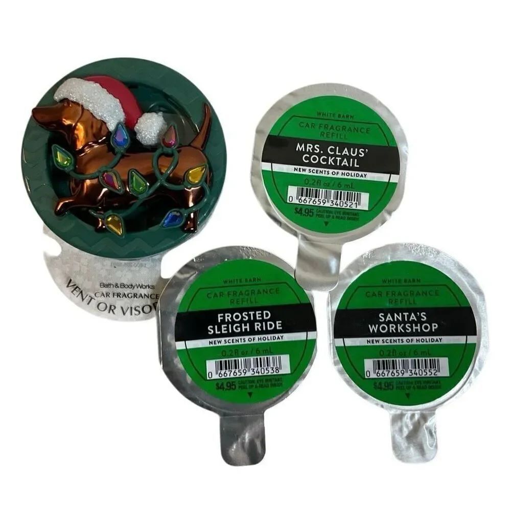 Bath and Body Works CHRISTMAS DOG Visor Clip and 3 Car Fragrance Refills
